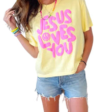 Load image into Gallery viewer, Smiley Jesus Loves You Puff Cropped Tee