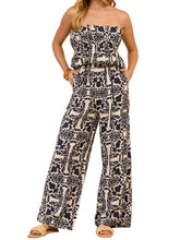 Load image into Gallery viewer, Navy Printed Strapless Wide-Leg Jumpsuit