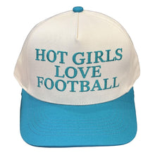 Load image into Gallery viewer, Teal Embroidered Hot Girls Love Football Trucker Hat