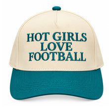Load image into Gallery viewer, Teal Embroidered Hot Girls Love Football Trucker Hat