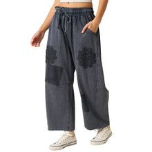 Load image into Gallery viewer, Mineral Wash Barrel Pants with Crochet Floral Patches
