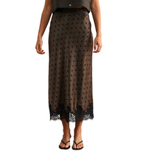 Load image into Gallery viewer, Satin Polka Dot Print Lace Trim Hem Midi Skirt

