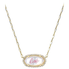Load image into Gallery viewer, Kendra Scott Elisa Pave Frame Short Pendant Necklace Gold Ivory MOP Love Script
