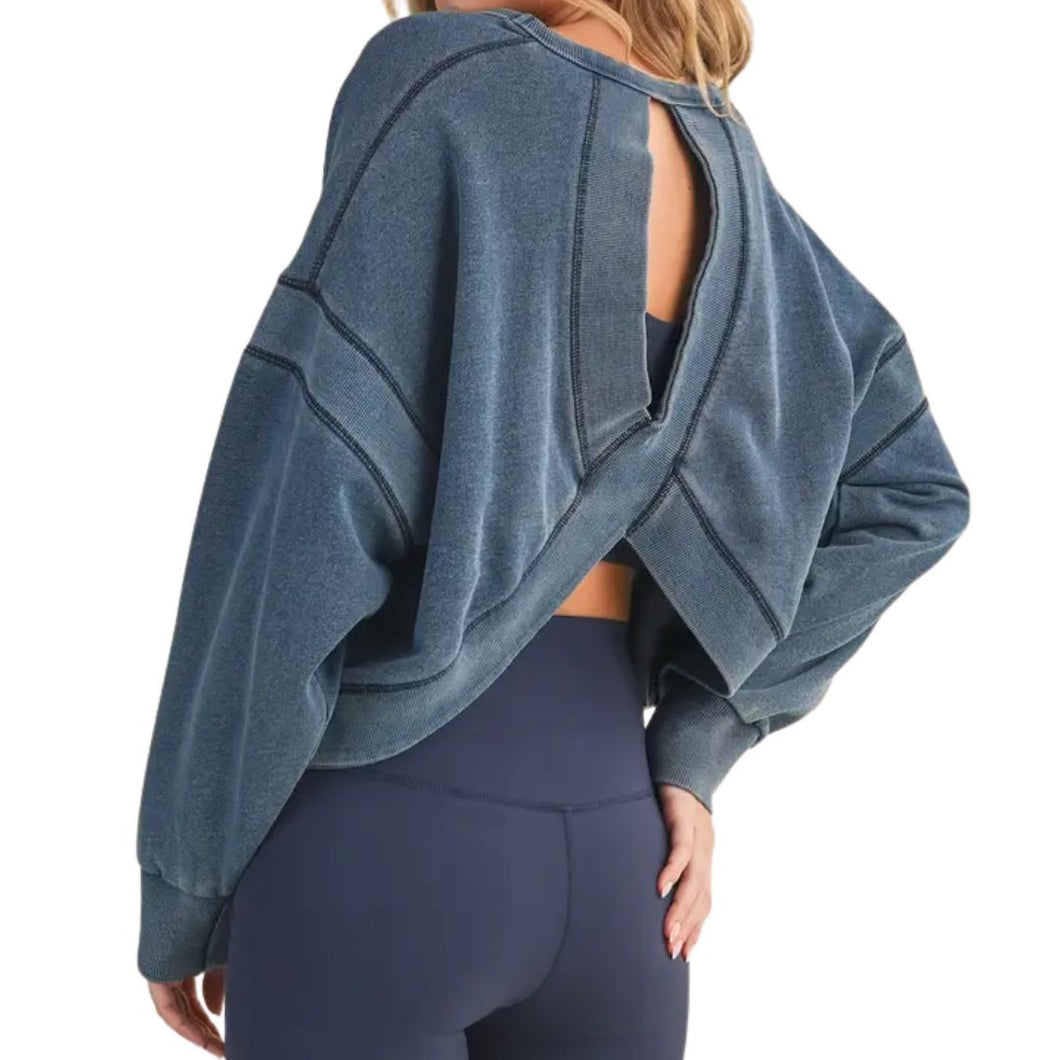Denim Wash Cutout Back Layering Fleece-Lined Sweatshirt