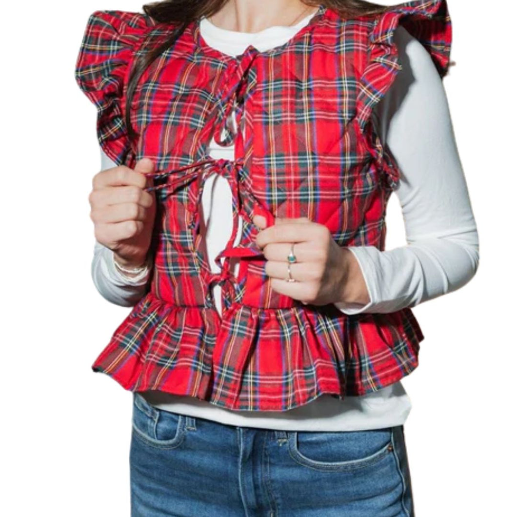 Red Plaid Ruffled Tie Front Vest