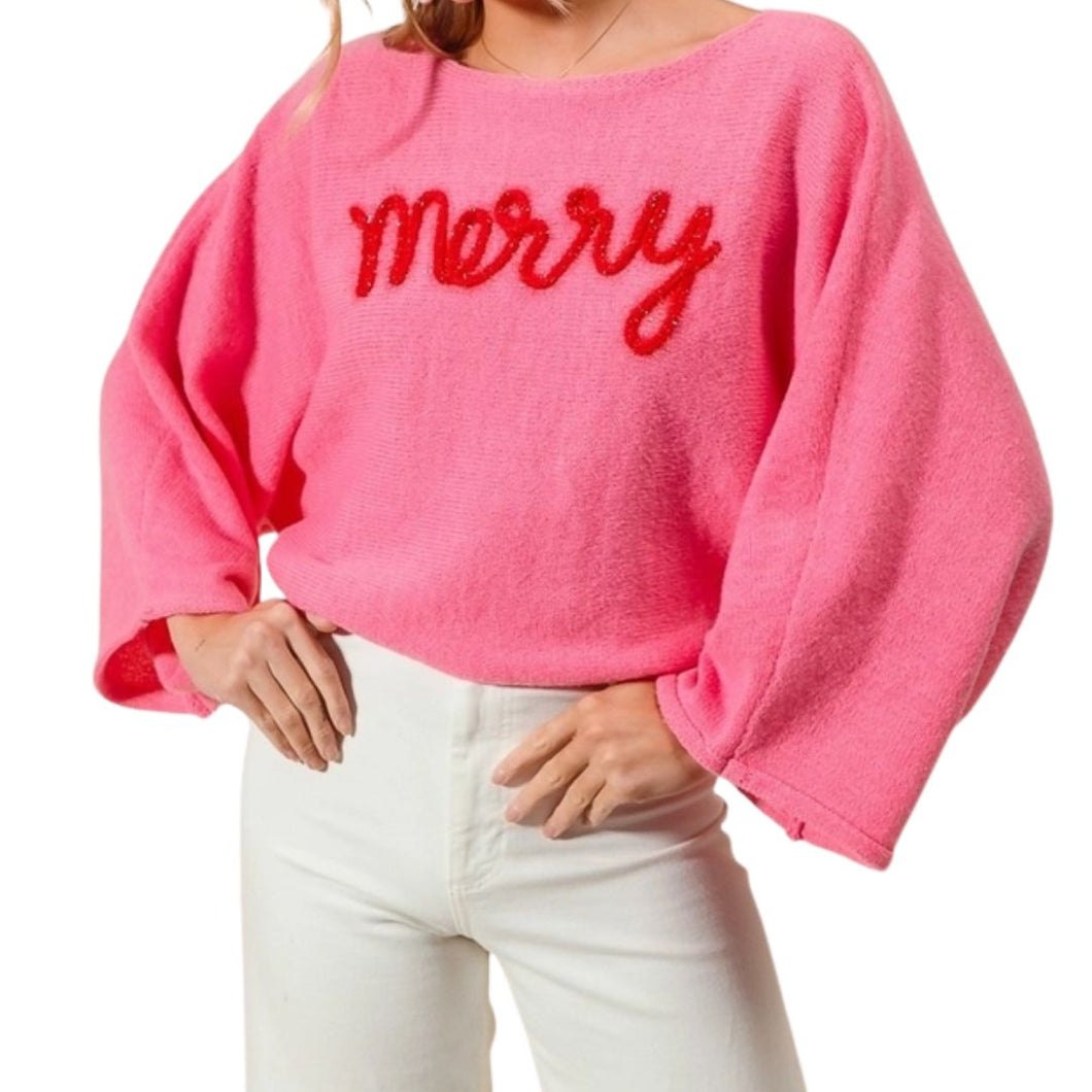 Merry Tinsel Lettering Christmas Sweater Top