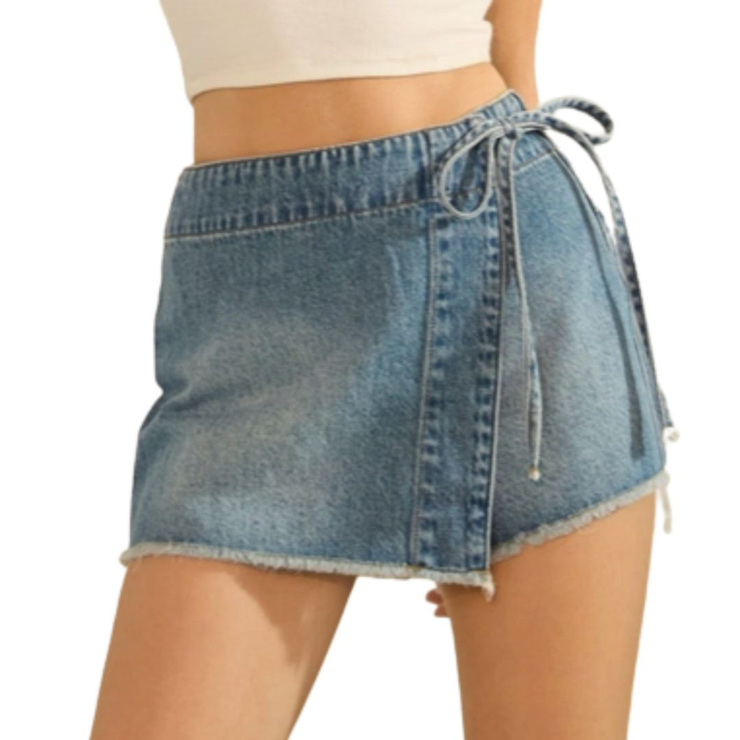 Tie Front Denim Mini Skort