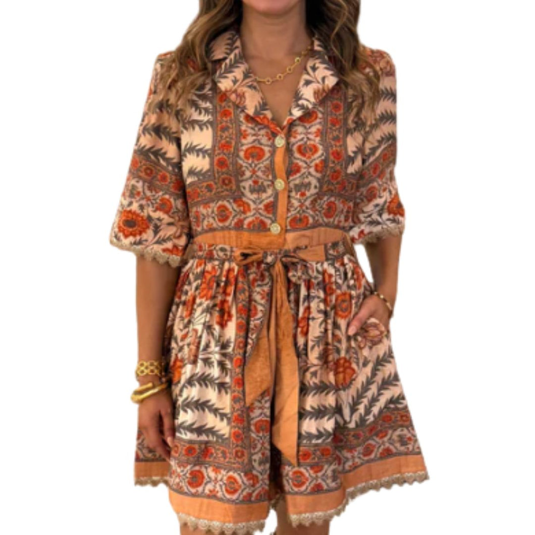 Botanical Print Belted Mini Dress - Charcoal