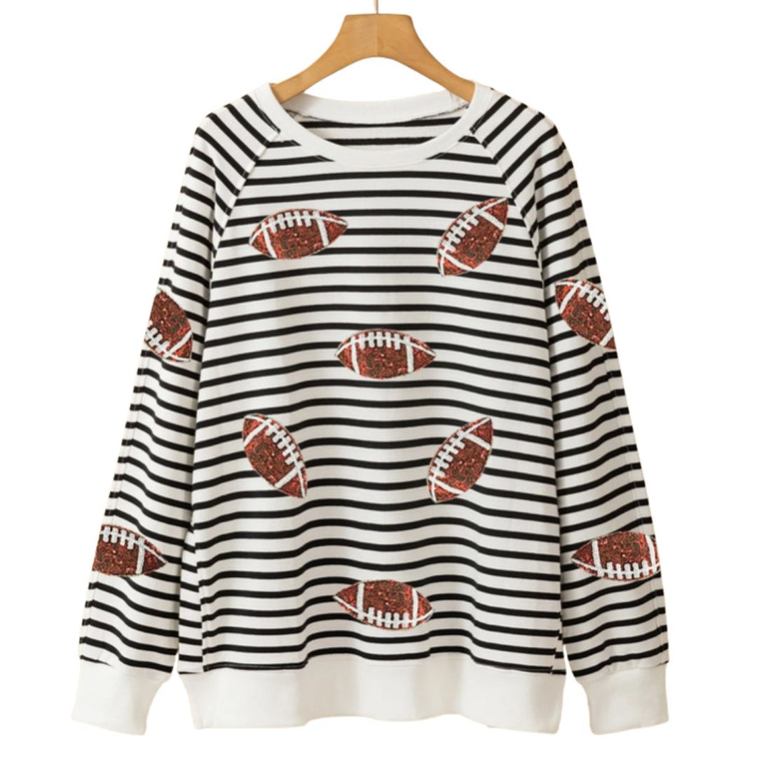 Black Stripe Sequin Rugby Football Side Slits Oversized Sweatshirt