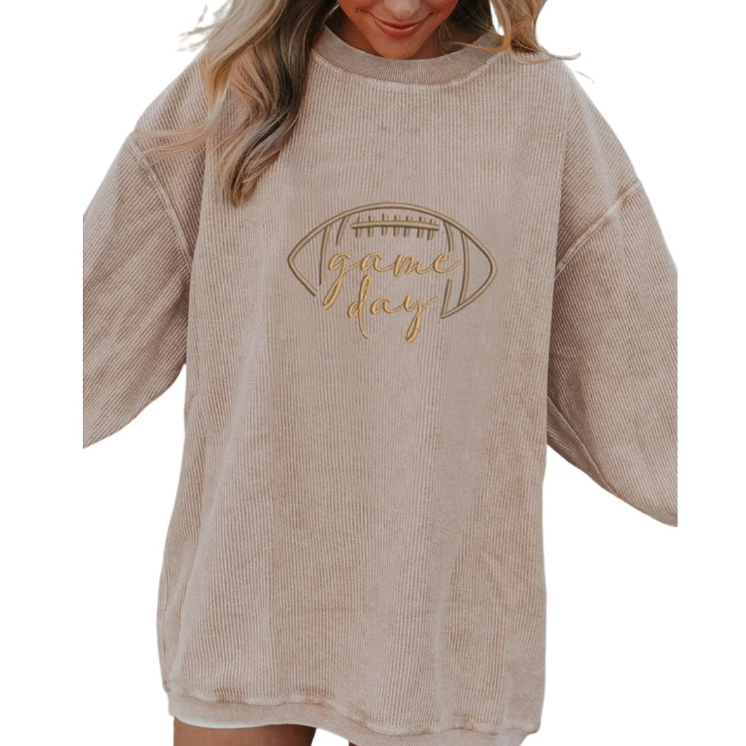 Apricot Rugby Game Day Embroidered Corduroy Sweatshirt