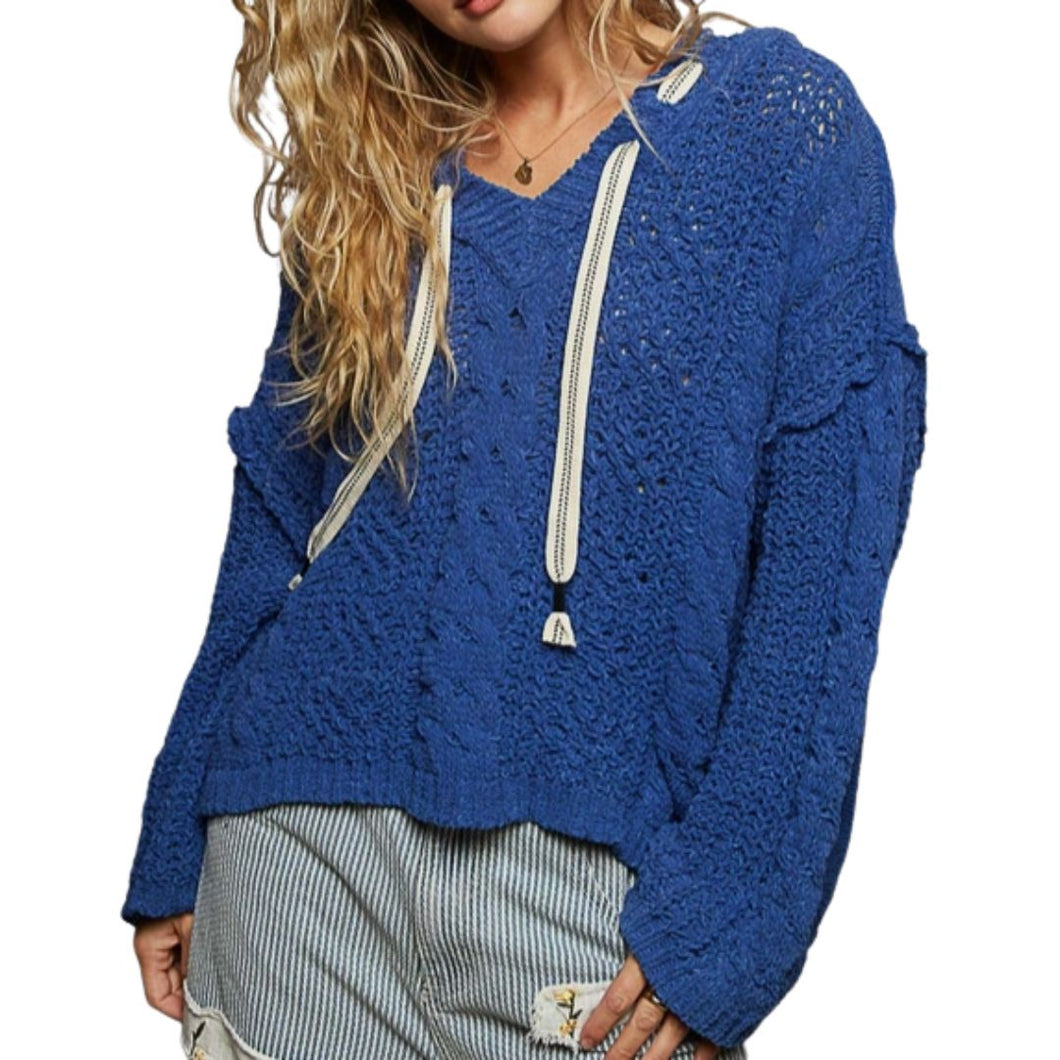 Oversize Fit V-Neck Hooded Cable Knit Chenille Sweater