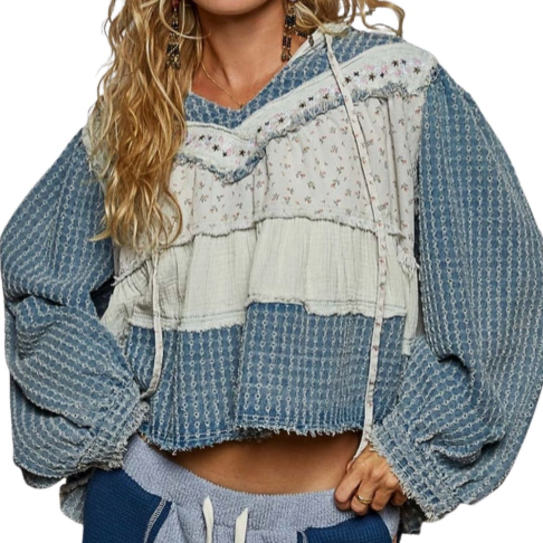 Denim Twill Patch Ruffle Hoodie Top