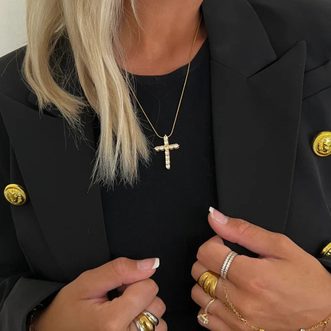 Chansutt Pearl Diamond Cross Necklace