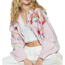 Load image into Gallery viewer, Striped Balloon Sleeve Mixed Denim Shacket
