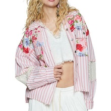 Load image into Gallery viewer, Striped Balloon Sleeve Mixed Denim Shacket
