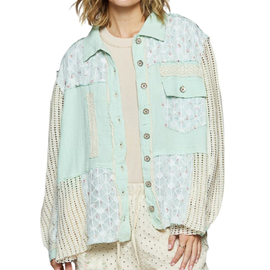 Balloon Sleeve Lace Trim Woven Denim Jacket