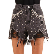 Load image into Gallery viewer, Studded Rhinestone Frayed Black Denim Shorts

