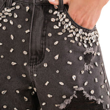 Load image into Gallery viewer, Studded Rhinestone Frayed Black Denim Shorts
