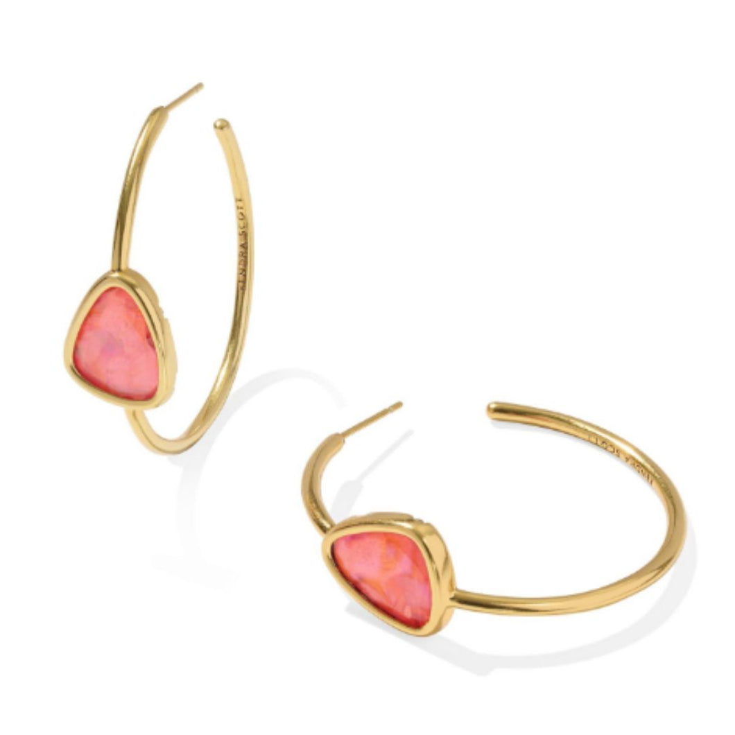 Margot Vintage Gold Pink Coral  Hoop Earings Iridescent Abalone