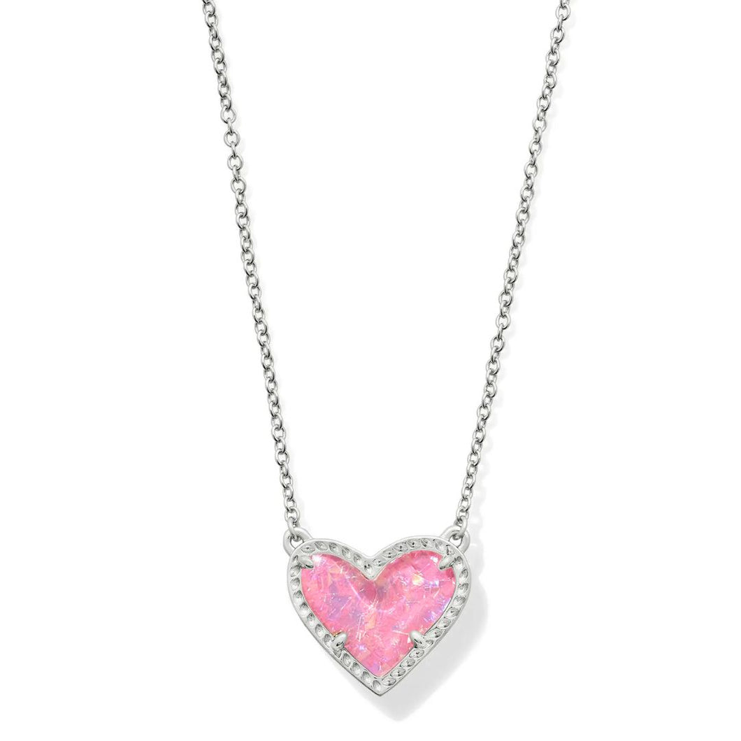 Ari Heart Silver Pendant Necklace in Pink Iridescent