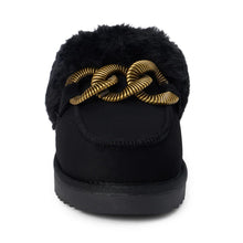 Load image into Gallery viewer, Matisse Taos Fuzzy Black Slipper Shoe Gold Chain
