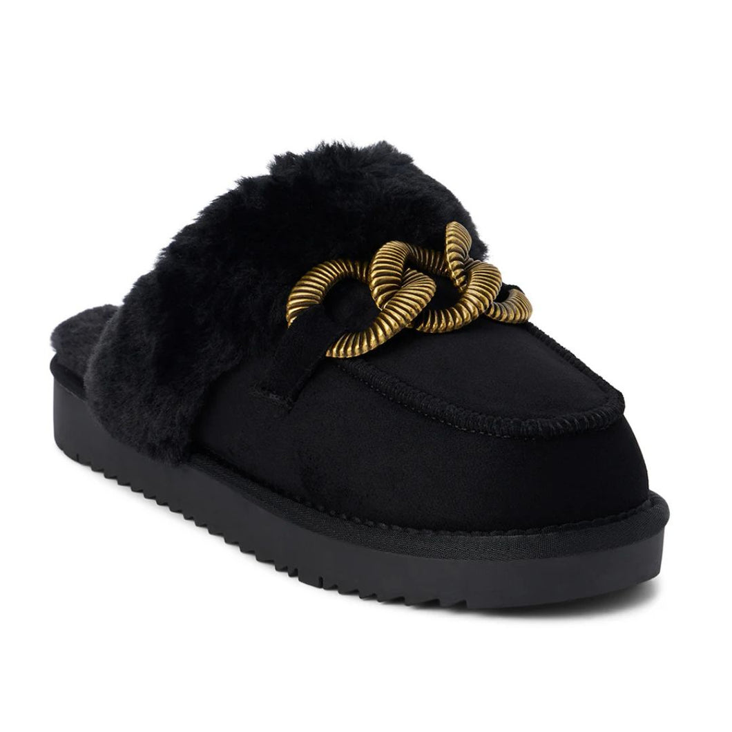 Matisse Taos Fuzzy Black Slipper Shoe Gold Chain