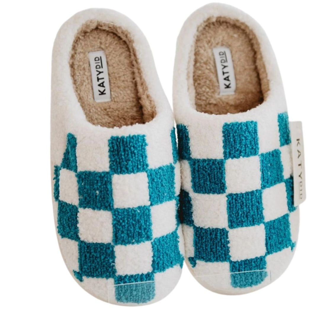Teal Checkered Pattern Slippers