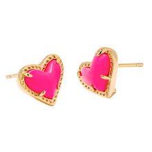 Load image into Gallery viewer, Kendra Scott Ari Heart Gold Stud Earrings in Neon Pink
